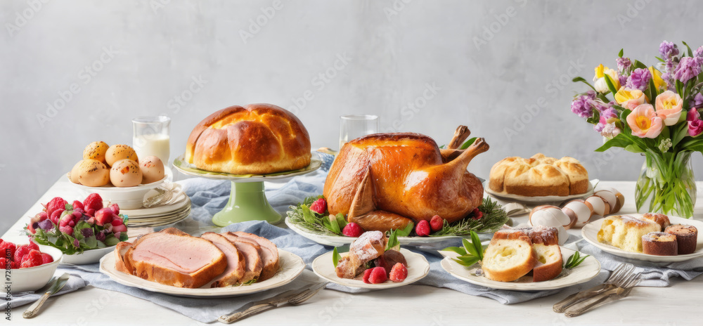 Traditional table setting for Easter celebration with spring flowers, turkey, eggs, cake, candy and fruits. Wide banner with copy space for text