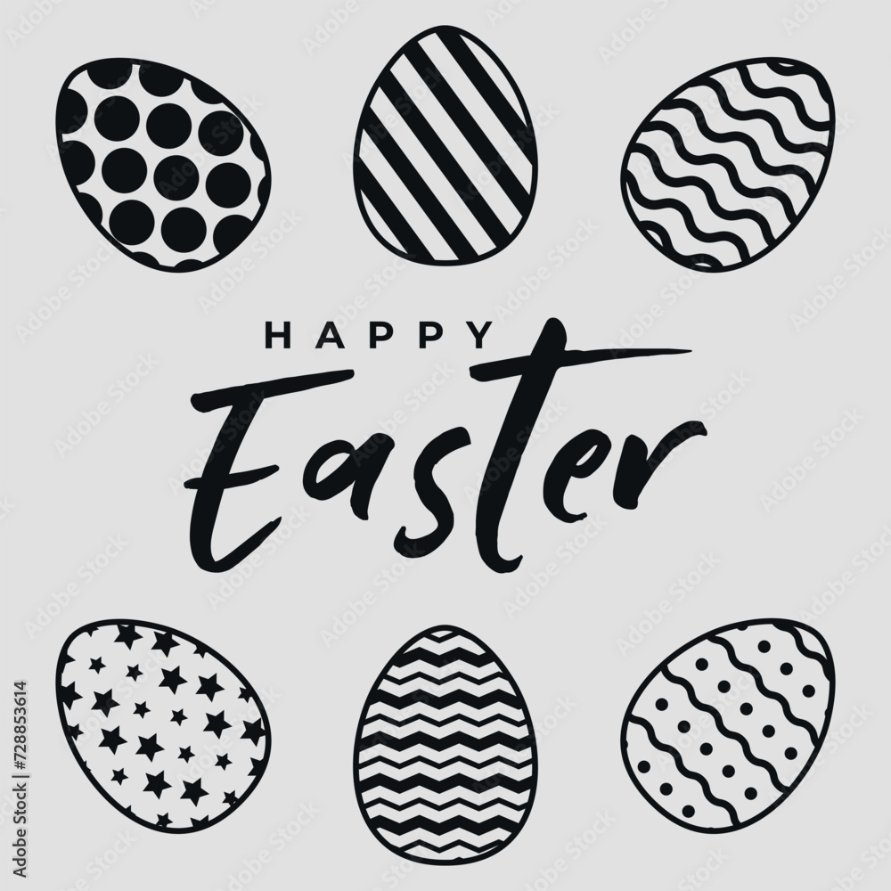 A set of black and white Easter eggs with a pattern. And a congratulatory text on Easter. 3 pieces. Vector on a gray background A set of black and white Easter eggs with a pattern. And a congratulatory text on Easter. 3 pieces. Vector on a gray background