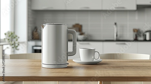 a modern electric kettle sitting beside a cup on a wooden table in a light-filled, minimalist kitchen, portraying the marriage of style and utility in contemporary home appliances.