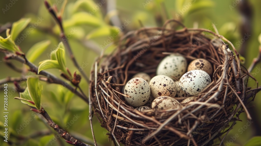 a bird's nest filled with four eggs on top of a green leafy branch in front of a blurry background of a green leafy tree branch. a bird's nest filled with four eggs on top of a green leafy branch in front of a blurry background of a green leafy tree branch.