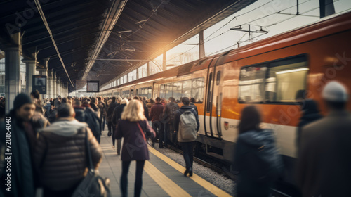 photography of a fast train in motion approaching the station full of people in blur