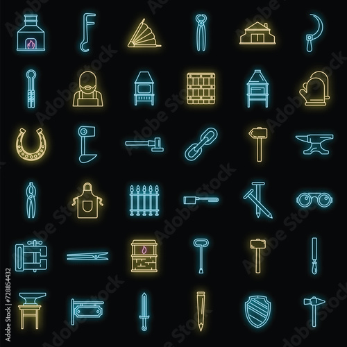 Blacksmith tools icons set. Outline set of blacksmith tools vector icons neon color on black