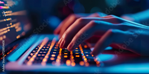 Close-up image of human hands typing on laptop