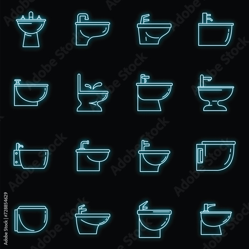 Home bidet icons set. Outline set of home bidet vector icons neon color on black