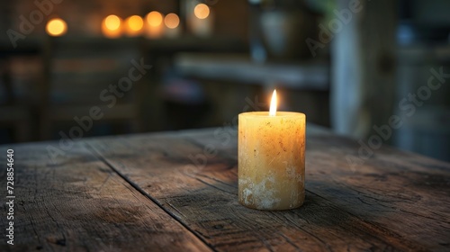  a lit candle on a wooden table in front of a blurry image of a candle on a table in front of a blurry background of a wooden table.