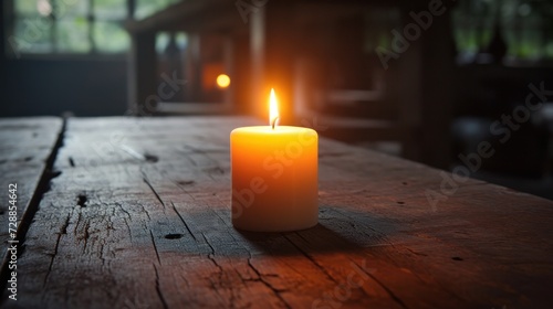  a lit candle sitting on top of a wooden table next to a lit candle on top of a wooden table with a window in the back of the room behind it.