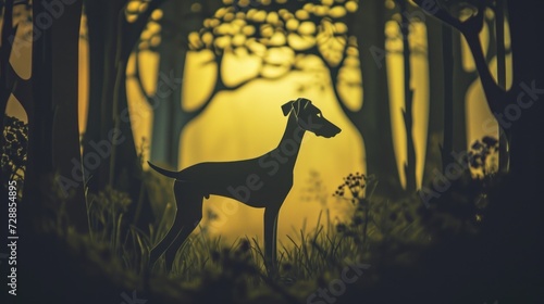  a painting of a dog standing in the middle of a forest with the sun shining through the trees and the dog in the foreground is looking at the viewer.