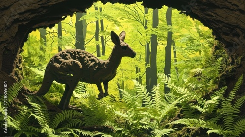  a deer standing in the middle of a forest filled with green plants and tall  leafy trees  looking out from an opening in a cave to the woods.