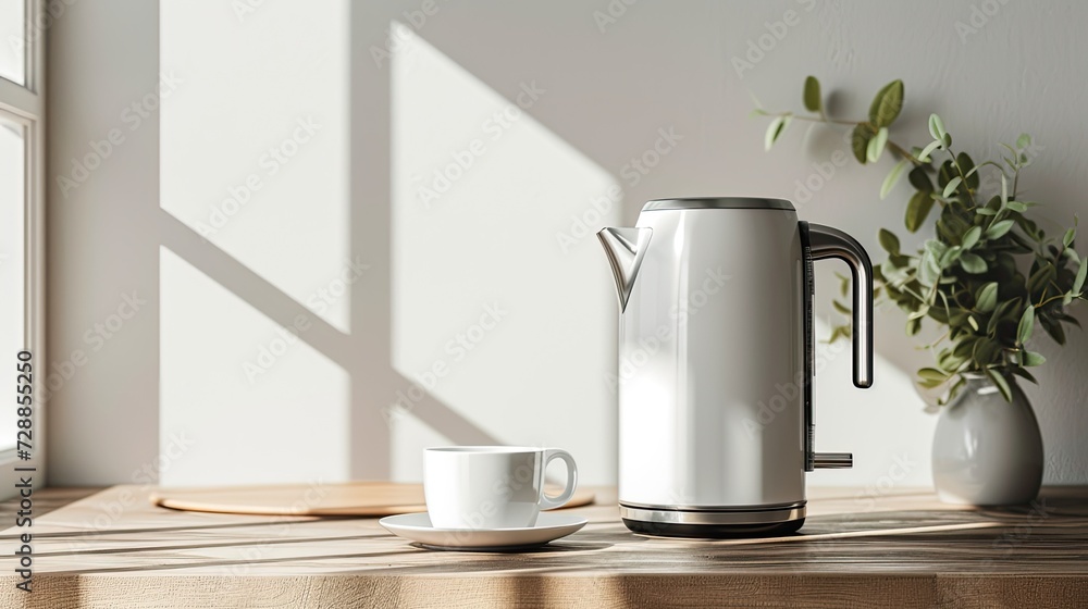 a modern electric kettle sitting beside a cup on a wooden table in a light-filled, minimalist kitchen, portraying the marriage of style and utility in contemporary home appliances. a modern electric kettle sitting beside a cup on a wooden table in a light-filled, minimalist kitchen, portraying the marriage of style and utility in contemporary home appliances.