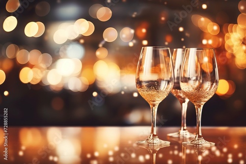 glasses on the table  bokeh of garland lights on the background