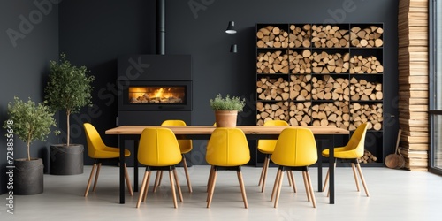 Modern dining room interior with black chairs, a yellow poster, plants, and firewood log rack.