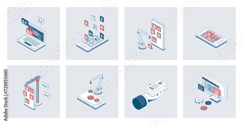 App development concept of isometric icons in 3d isometry design for web. Applications programming process with interface layout creation, settings and optimization for phones. Vector illustration photo
