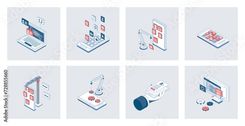 App development concept of isometric icons in 3d isometry design for web. Applications programming process with interface layout creation, settings and optimization for phones. Vector illustration