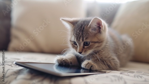 a small adorable kitten gazing curiously at a tablet with its tiny paws, evoking a heartwarming scene of domestic comfort and modern technology. © lililia