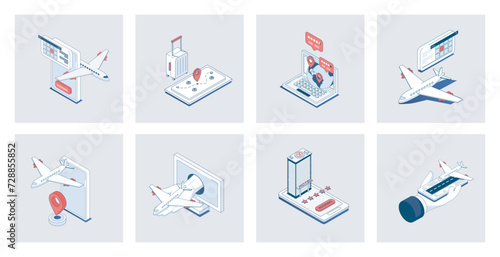 Booking concept of isometric icons in 3d isometry design for web. Airline tickets searching and buying at mobile app, ordering baggage transportation, hotel room reservation. Vector illustration