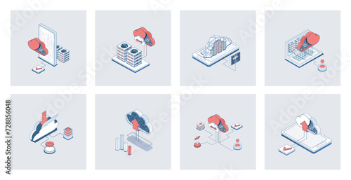 Cloud storage concept of isometric icons in 3d isometry design for web. Uploading and downloading data in online storage, datacenter connection and processing, hosting service. Vector illustration