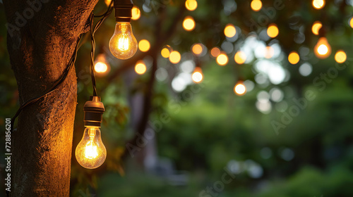 Decorative outdoor string  lights hanging on tree photo