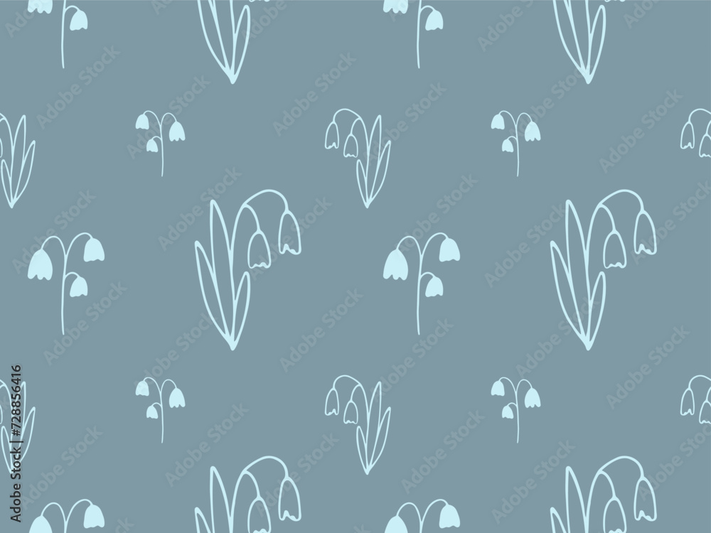 A floral seamless pattern of snowdrops. Cute hand drawn doodle silhouette bellflower on blue background. Spring botanical pattern for wallpaper, fabric, covers