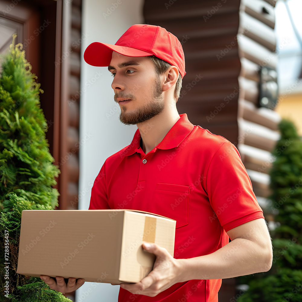 Delivery courier service. Delivery man in red uniform Delivery courier service. Delivery man in red uniform