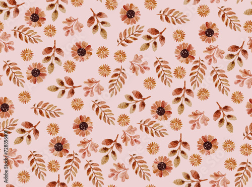 Seamless vintage floral pattern in warm colors, hand-painted, aquarelle. Can be used for fabrics, wallpaper, wrapping paper