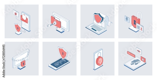 Cyber security concept of isometric icons in 3d isometry design for web. Safety shield access with data privacy protection, fingerprint verification and password lock system. Vector illustration