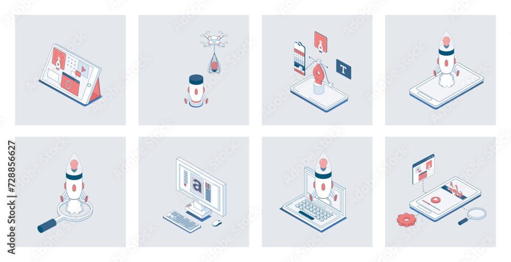 Designer studio concept of isometric icons in 3d isometry design for web. Interface wireframe layouts creation with pictograms and graphic content, drawing tools, startup agency. Vector illustration