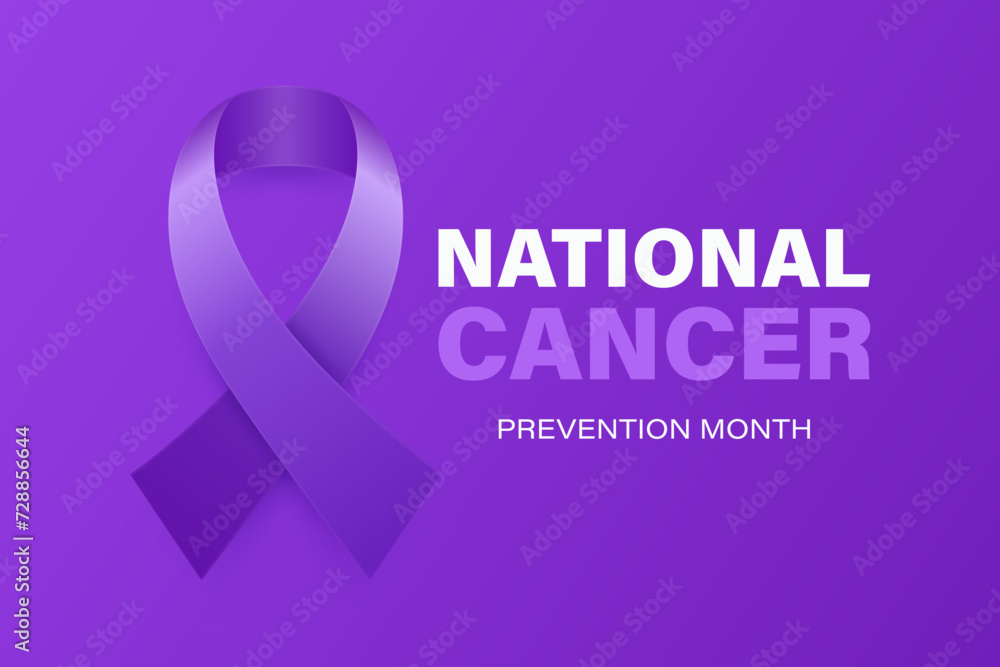National Cancer Prevention Month, February. Banner, Card, Placard with Realistic 3D Vector Lavender Ribbon on Lavender Background. Cancer Awareness Month Symbol, Closeup. World Cancer Day Concept National Cancer Prevention Month, February. Banner, Card, Placard with Realistic 3D Vector Lavender Ribbon on Lavender Background. Cancer Awareness Month Symbol, Closeup. World Cancer Day Concept