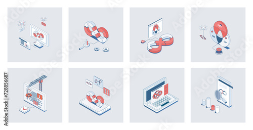DevOps concept of isometric icons in 3d isometry design for web. Agile development operation practice, programming and management teamwork, creating and release products cycle. Vector illustration