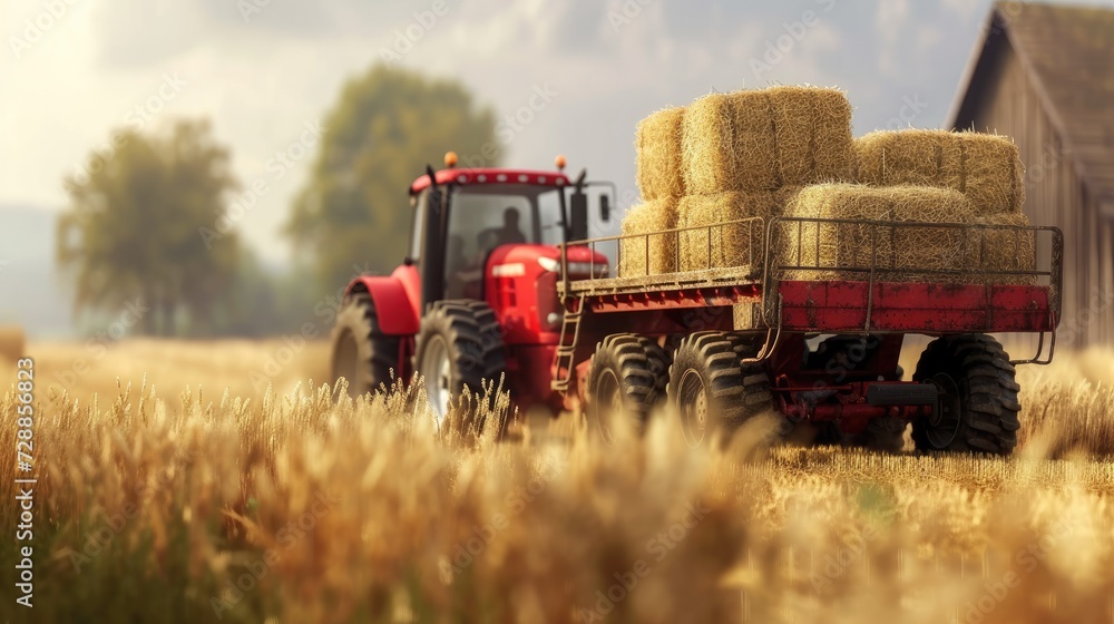 Obraz premium a farmer operating a tractor to load round hay bales onto a trailer, showcasing the agricultural process of harvesting and transporting straw bales with authentic realism and detail.