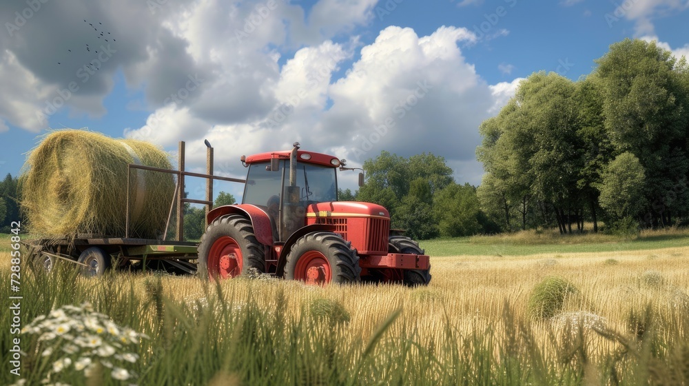 Obraz premium a farmer operating a tractor to load round hay bales onto a trailer, showcasing the agricultural process of harvesting and transporting straw bales with authentic realism and detail.