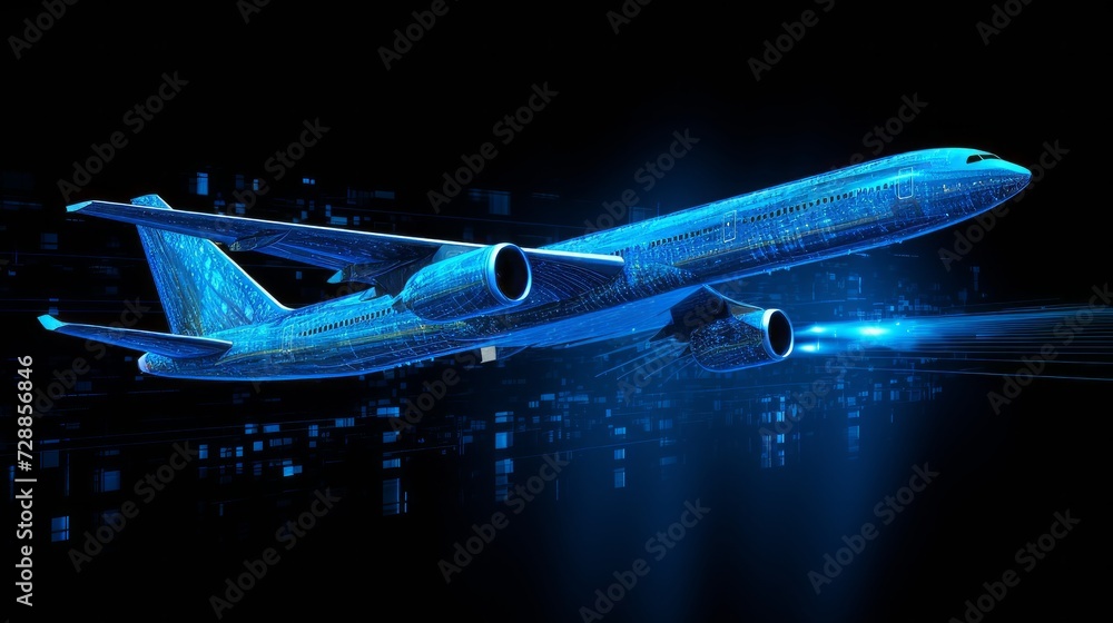 Abstract airliner constructed with dots. Outline wireframe glowing ...