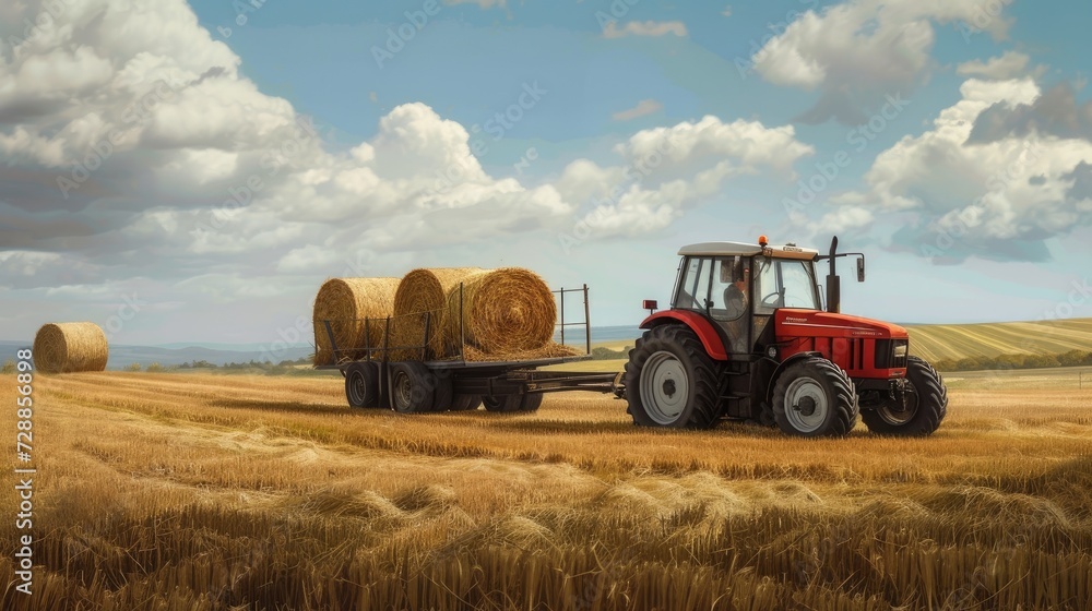 Obraz premium a farmer operating a tractor to load round hay bales onto a trailer, showcasing the agricultural process of harvesting and transporting straw bales with authentic realism and detail.