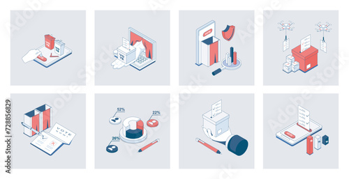 Election and voting concept of isometric icons in 3d isometry design for web. Online vote system, democratic choice, candidate support, political ratings, democracy and politic. Vector illustration