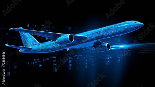 Abstract airliner constructed with dots. Outline wireframe glowing concept. Aircraft flying in starry sky. Travel, tourism, transport. Neural network AI generated art