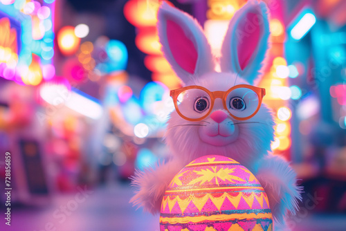 Whimsical Easter bunny with glasses holding a large Easter egg, blurred neon lights in the background.
