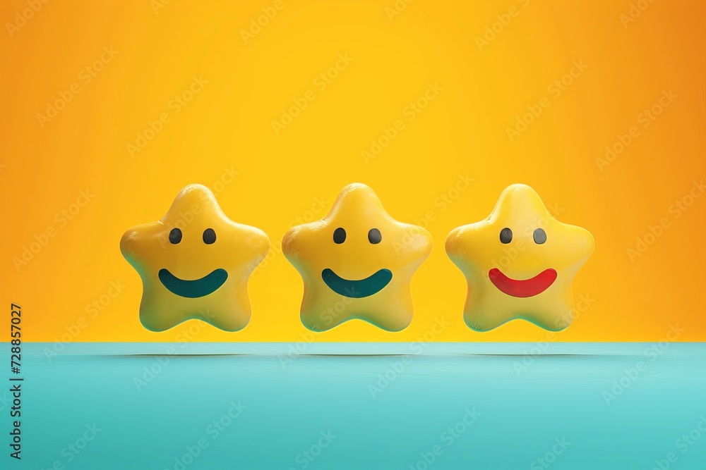 Obraz premium Funny yellow star playful fun, cheerful item toy love, isolated and cartoonish, smiles joy to children. Smiling starling toy positive psychology happiness. Shiny gold star rating customer satisfaction