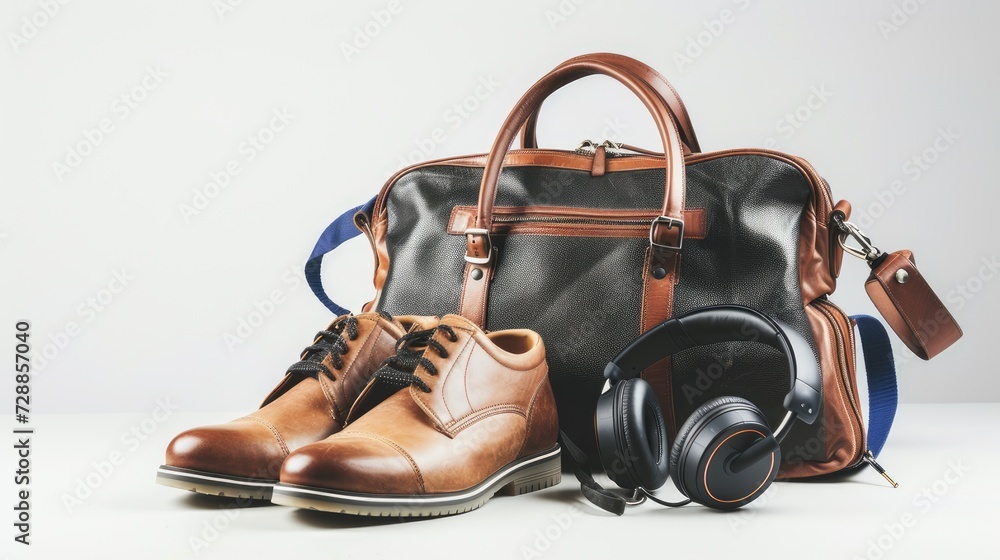shoes, headphones, and a bag against a studio white background, capturing the essence of urban style and modern accessories with clarity and sophistication.