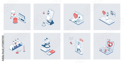 Medicine concept of isometric icons in 3d isometry design for web. Online consultation with doctor, diagnosis and treatment, pharmacy and laboratory, emergency and cardiology. Vector illustration