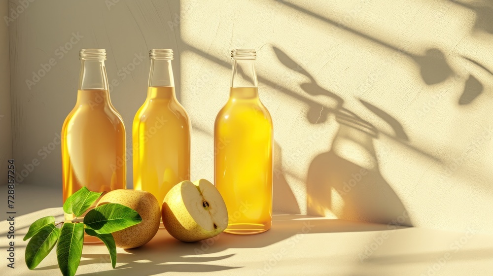 three bottles of apple cider sit on a window sill next to a half ...