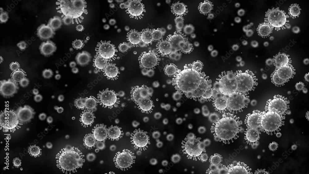 White Virus Cell Floating On Black Bg, Pandemic Covid-19, 3d Corona Virus Microscopic Virus Cells Animation Background. Bacteria And Virus Cell Microscope Mic, Coronavirus Flying On Dark Bg, Virus Ce White Virus Cell Floating On Black Bg, Pandemic Covid-19, 3d Corona Virus Microscopic Virus Cells Animation Background. Bacteria And Virus Cell Microscope Mic, Coronavirus Flying On Dark Bg, Virus Ce