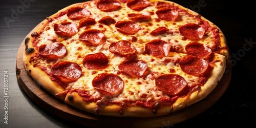 pepperoni pizza, loaded with slices and cheese, hyper-realistic view from above, surrounded by ingredients. ai generated 