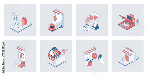 Online shopping concept of isometric icons in 3d isometry design for web. E-commerce and ordering at store webpage, internet commerce with payment, purchasing at sales in app. Vector illustration