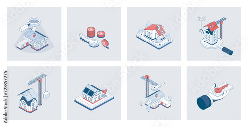 Real estate concept of isometric icons in 3d isometry design for web. House property buying, searching new home, apartment rent, building residential houses, mortgage for customer. Vector illustration