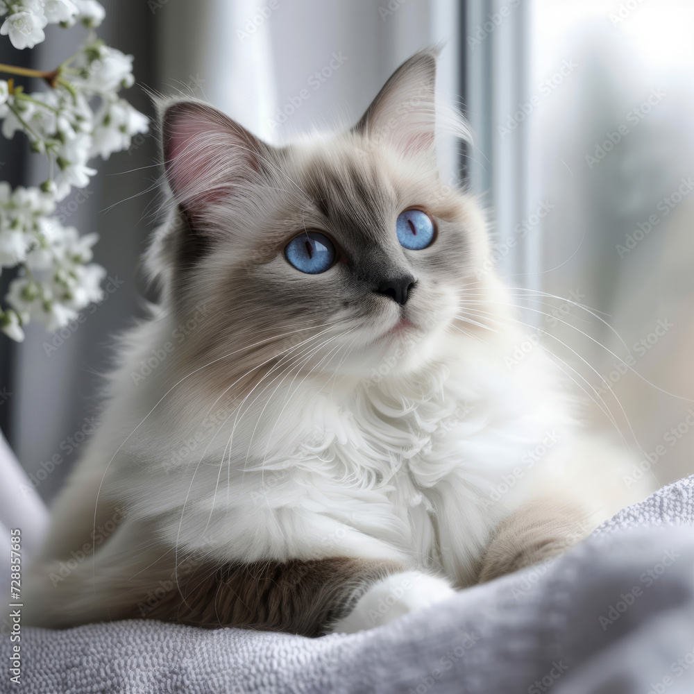 Adorable Ragdoll cat, gracefully posing with a Nepo kitty tag. Perfect for pet blogs, cat breed profiles, and marketing materials for cat-related products.