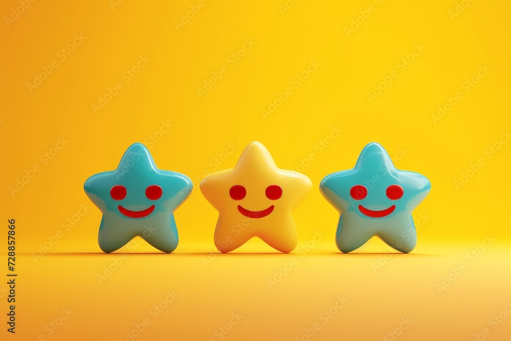 Fototapeta premium Funny yellow star playful fun, cheerful item toy love, isolated and cartoonish, smiles joy to children. Smiling starling toy positive psychology happiness. Shiny gold star rating customer satisfaction