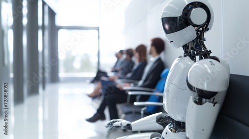 People and AI robot waiting for a job interview