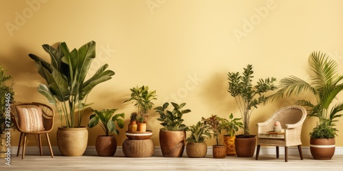 Stylish vintage home interior with elegant gold accents, lots of potted plants. Cozy minimalistic decor, home garden. Copy space available. Template provided.