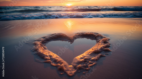 Heart Drawn in Sand with Sunset and Tide © Watermelon Jungle