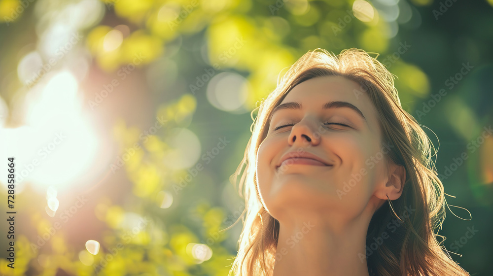 Fototapeta premium Happy beautiful smiling young woman enjoying fresh air outdoor