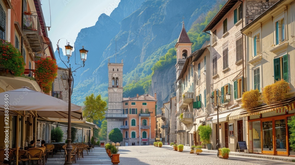 Fototapeta premium a city street with tables and chairs on both sides of the street with a mountain in the back ground and a clock tower on the side of the building,.